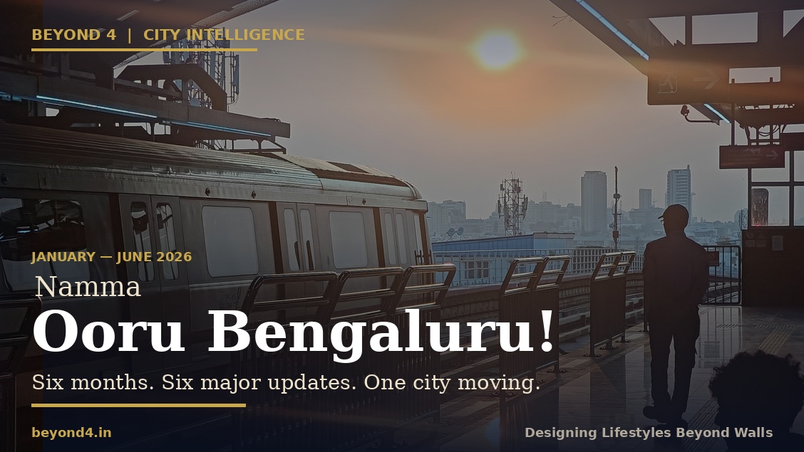 Namma Metro platform at golden hour — Bengaluru skyline in the distance