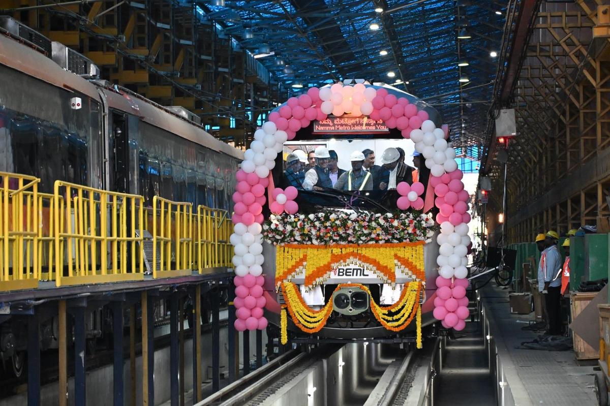 BEML Pink Line train set rolls out from Kothanur Depot — Namma Metro Phase 2